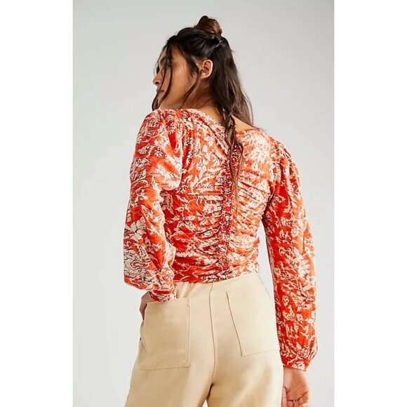 Free People Say the Word Top Sz L Red Floral Combo Peasant Sleeve Cotton Modal - Picture 3 of 9